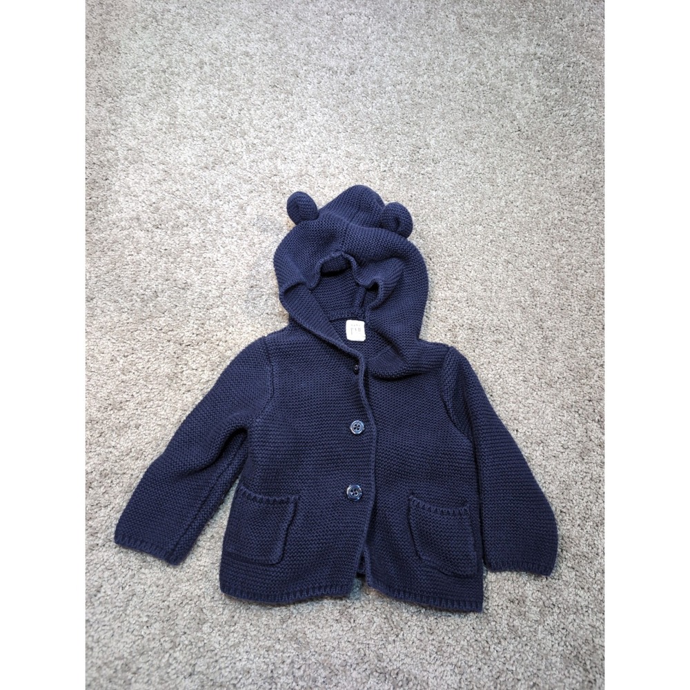 Baby GAP Navy Blue Knit Bear Ear Hooded Cardigan Sweater 6-12 Months 100% Cotton